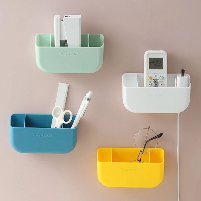 

Wall Mounted Organizer Box Remote Control Storage Case Mobile Phone Charging Storage Rack Plug Wall Holder Container With Hooks