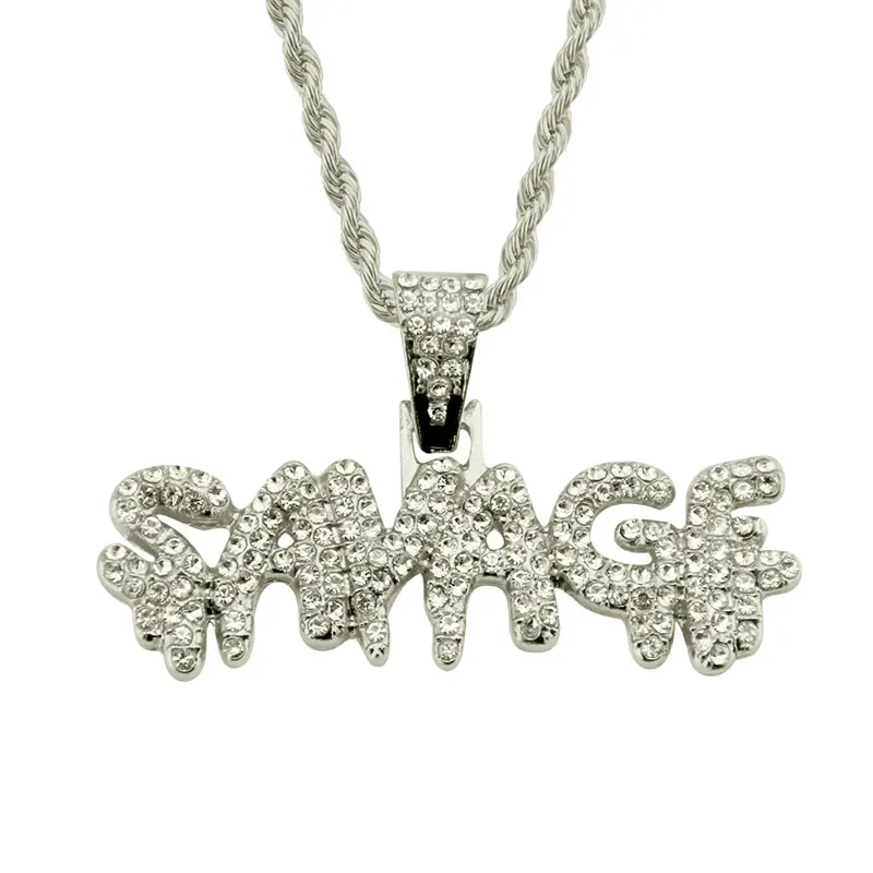 

New Hip Hop Iced Out Full Crystal Gold Color Plated SAVAGE Pendant Necklace Fashion Men Bling Jewelry Gift