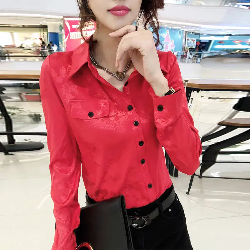 

Shirt women's new autumn and winter design slant front jacquard long sleeve slim bottomed top