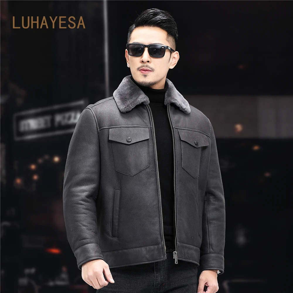 

LUHAYESA Men Causal Fur Coats Winter Slim Genuine Leather Jackets 100% Guaranteed Natural Sheepskin Fur Coats