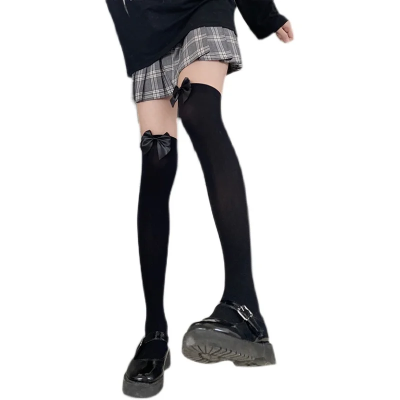 

White Silk Bow Knee Socks Velvet Thin Socks Women's Summer High Japanese Cute White JK Black Spring