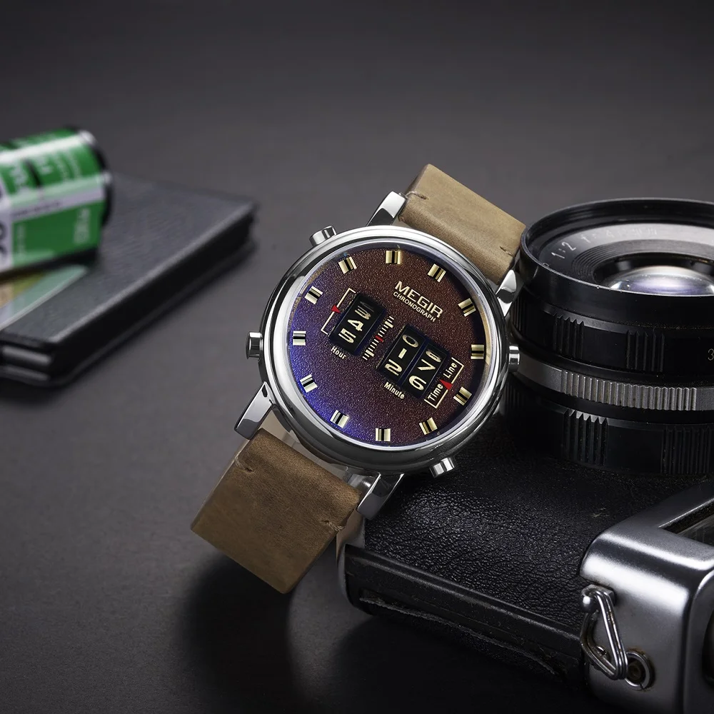 Люксовые часы от бренда MEGIR 2019 новый топ ремешок часы Для мужчин Военная Униформа спортивный коричневый кожаный ремешок кварцевые наручные ... от AliExpress WW