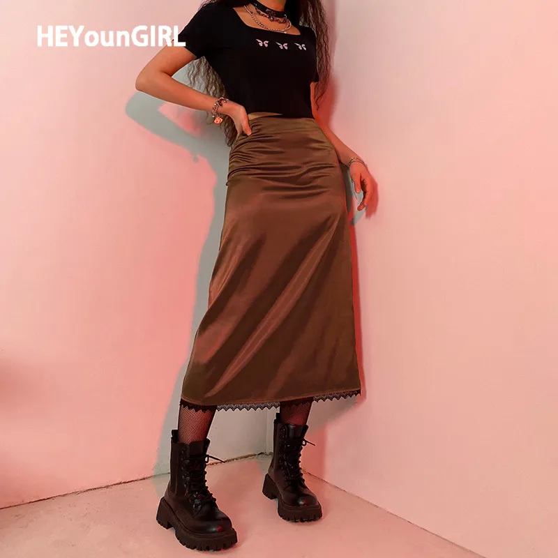 

HEYounGIRL Vintage High Waist Satin Midi Skirt Women Brown Black Lace Patchwork Elegant Skirts Ladies Summer Streetwear Y2K 90s