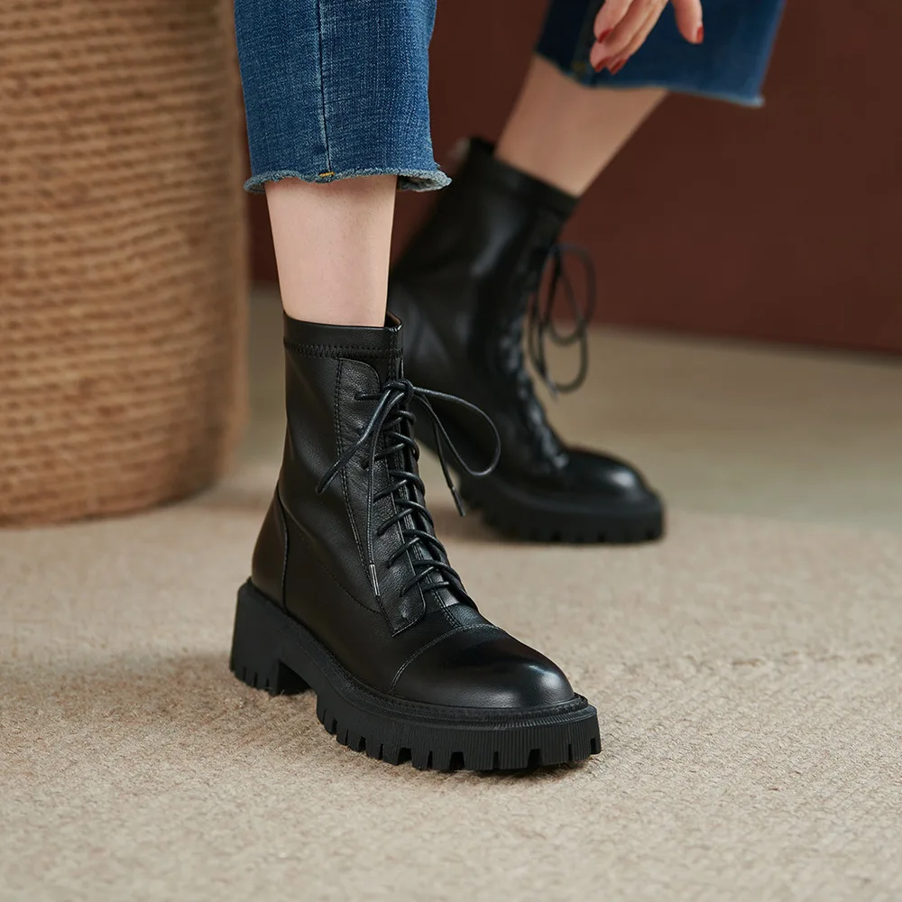

TOPHQWS 2021 Women's Autumn Boots Fashion Motorcycle Platform Shoes PU Leather Female Ankle Boot Lace Up Casual Martin Boots