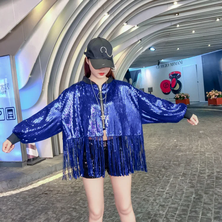 

Fashion Tassel Sequins Short Coats And Jackets Women Loose Long Sleeve Outerwear Cropped Tops Lady Jackets Casaco