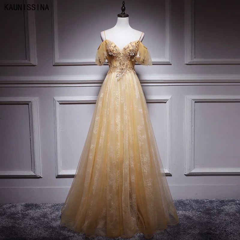 

KAUNISSINA Banquet Evening Dresses Appliques Spaghetti Strap V-Neck Backless Sexy Party Gowns Women Luxury Long Formal Dress