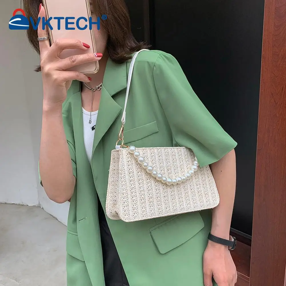 

Vintage Women Bag Summer Vacation Woven Pure Color Small Pearl Shoulder Underarm All-match Fashion High Street Shopping Bag