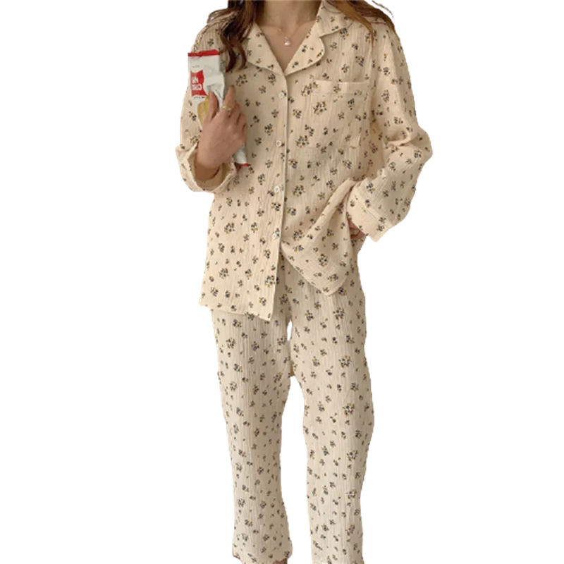 

New Autumn Winter Crepe Cotton Two Piece Set Sleepwear Women Pajamas Set High Quality Pants Home Set Floral Print Vintage Shirt