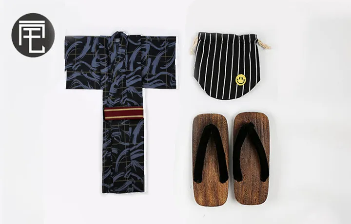 kimono belt and clog Традиционное японское кимоно юката мужские халаты из полиэстера мужские домашние халаты с поясом летние пижамы - Цвет: kimono belt and clog