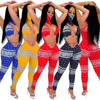 Adogirl Fashion Print Hollow Out Jumpsuit Bandana Scarf Two Piece Set Women Sexy Sleeveless Romper Pencil Pants Streetwear 1