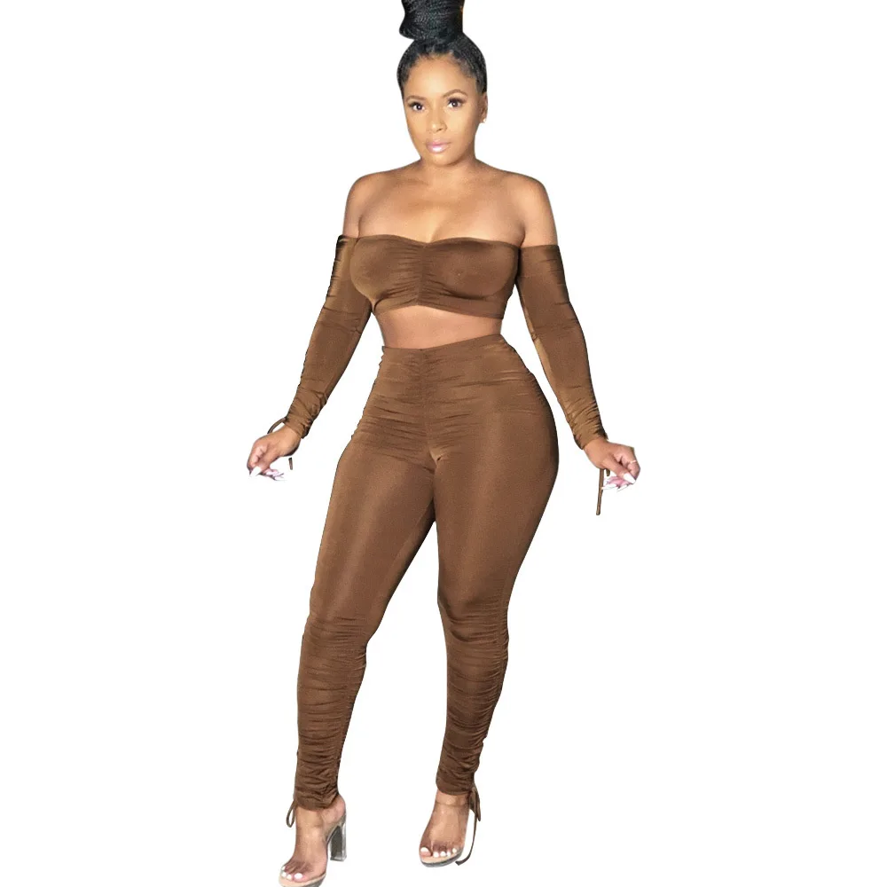 

Sexy Off Shoulder Stacked Leggings Tracksuit Women Women Drawstring Long Sleeve Crop top with Pants Bodycon Two Piece Set Outfit