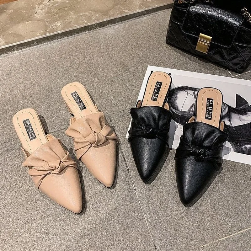 

Pointed Toe Flat Slippers Spring Summer Outdoor Shoes Woman Mules Slippers Baotou Flat Heel Sets Semi Slippers Mueller Shoes