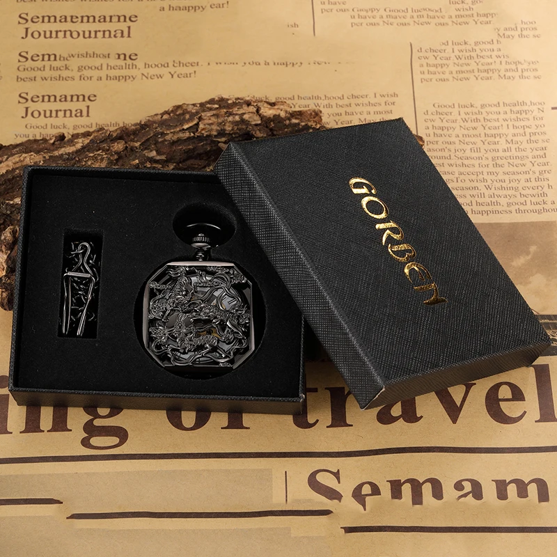 Mechanical Pocket Watch Antique Skeleton Dial Fob Chain Full Black Dragon Kirin Hanging Clock with Gift Box for Men Dropshipping