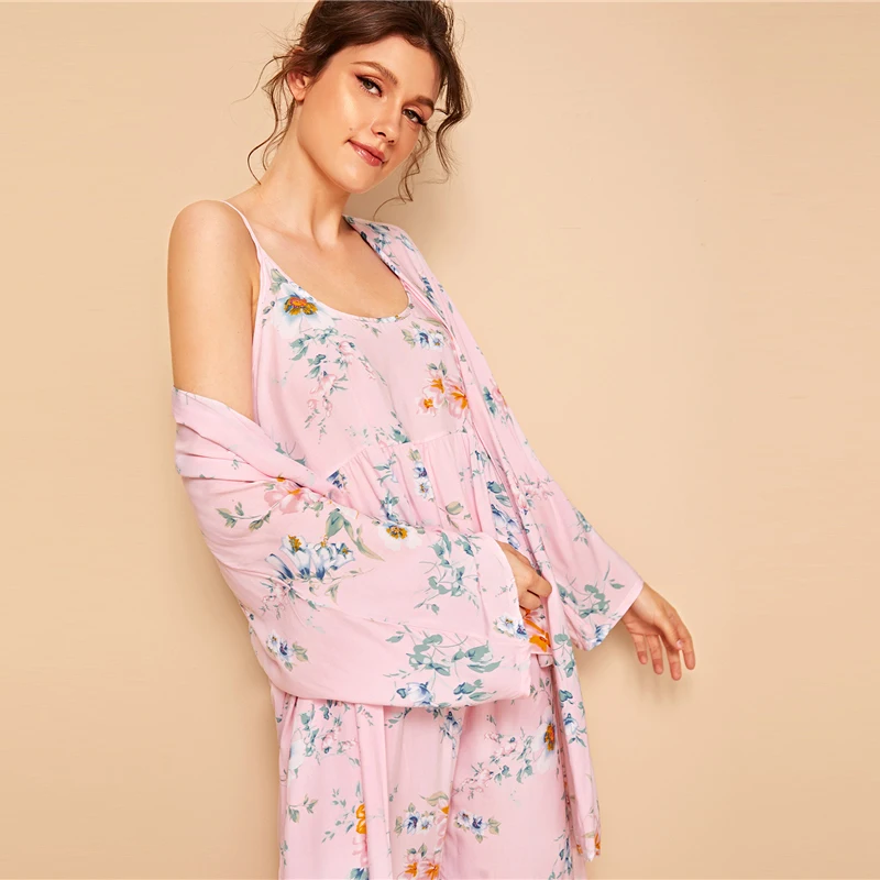 SHEIN цветочный принт Cami пижамный комплект с халатиком для женщин Летняя повседневная одежда для сна Спагетти ремень с длинным рукавом поясом женский халат