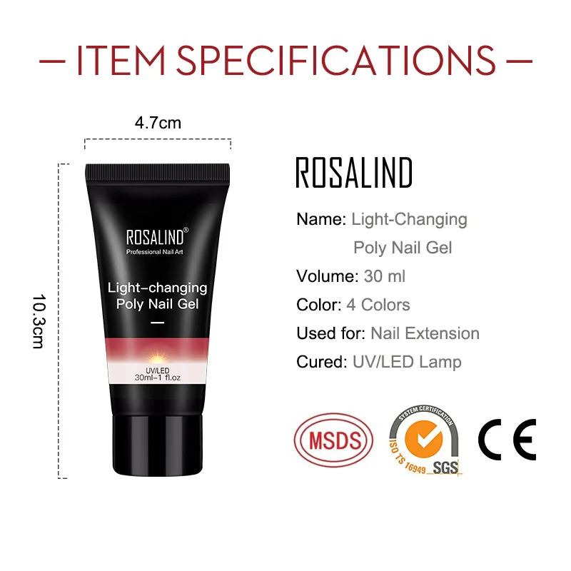 

ROSALIND Quick Nail Extension Gel 30ml Light-Changing Luminous Poly Nail Gel Fashion Colors Phototherapy Crystal Nail Polish
