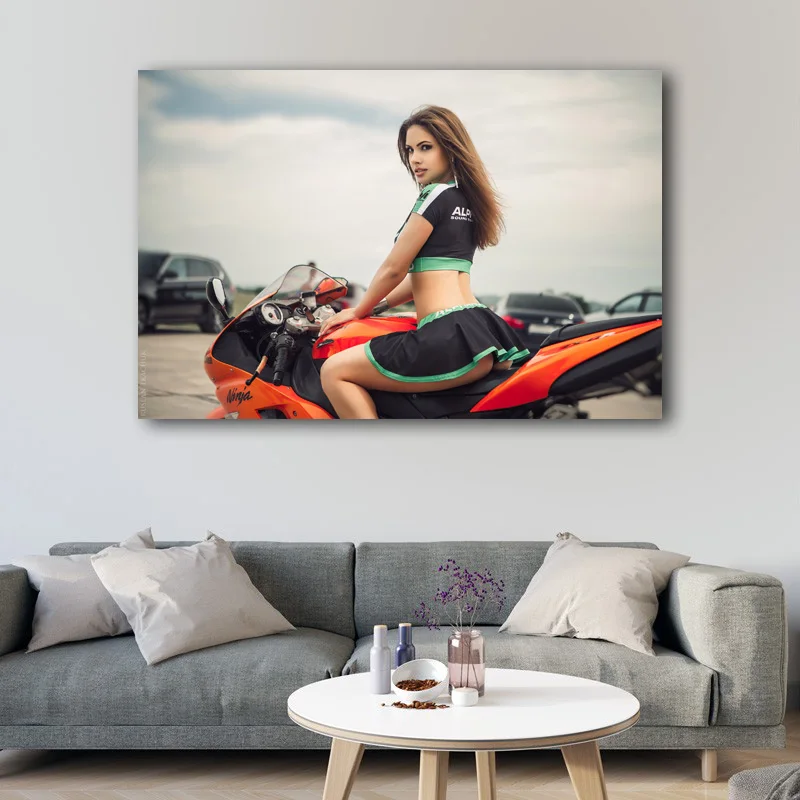 Wall Art Posters Hot Girl Model Kawasaki Ninja motorcycles Photo Canvas Printed Artwork Painting for Living Room Decor | Дом и сад