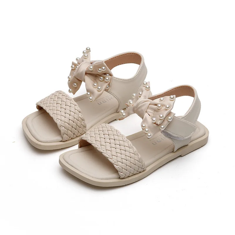 

2021 Summer Kids Girl Shoes Sandals Hook&Loop Solid Butterfly-knot String Bead Round Toe Fashion Sweet Flat Heels All-match