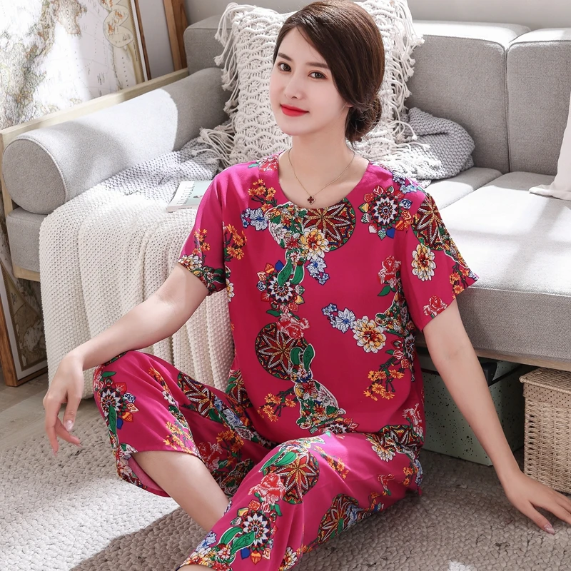 

Pajamas set middle-aged and elderly women's mom summer cotton Nightgown two-piece suit grandma short sleeve large size new