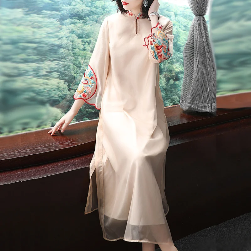 

Женская одежда в китайском стиле, новинка осень-зима, платье средней длины с вышивкой и воротником-стойкой из хлопка в римском стиле, свобод...