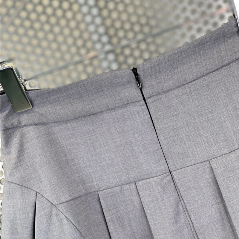 

VGH Gray Preppy Style Pleated Patchwork Skirt For Women High Waist Beading Casual Mini Skirts Female 2021 Summer Fashion Clothes