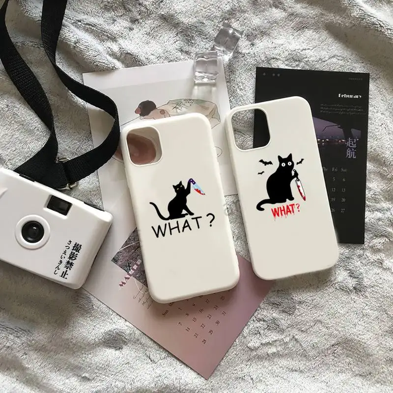 

Black Cat What Funny Phone Case Candy Color for iPhone 6 7 8 11 12 s mini pro X XS XR MAX Plus