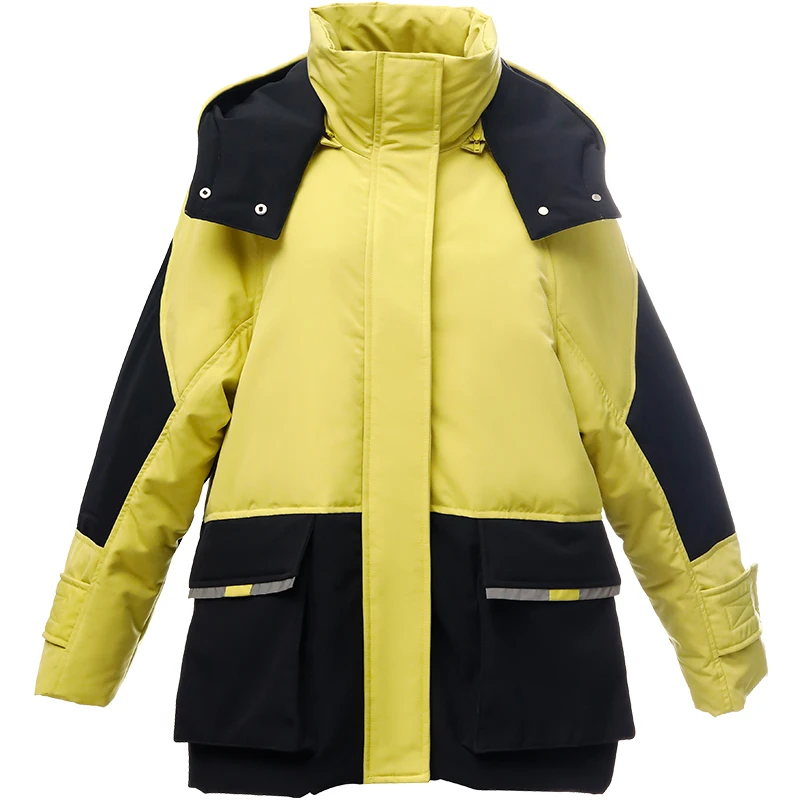 

Winter hit color striped Thicker warm 90% real down coat female original design oversized hooded stitching down jacket F77