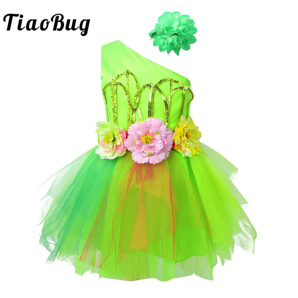 

Kids Girls One-shoulder Sleeveless Shiny Sequins Flowers Mesh Tutu Dress Child Modern Salsa Stage Performance Jazz Dance Costume