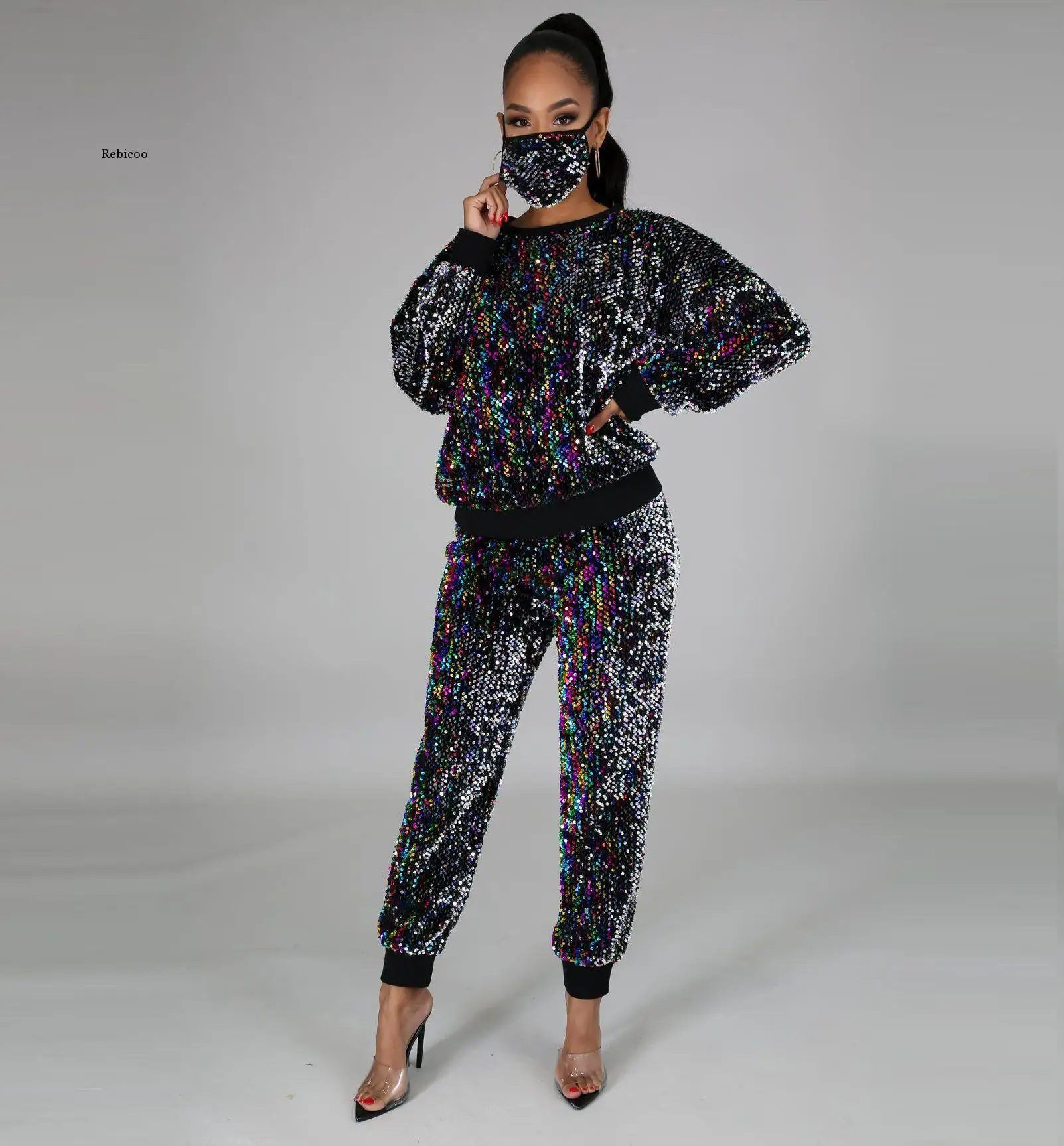 

Gold Velet shiny 2 Pcs Women Set O Neck Long Sleeve Top + long pants Conjuntos De Mujer