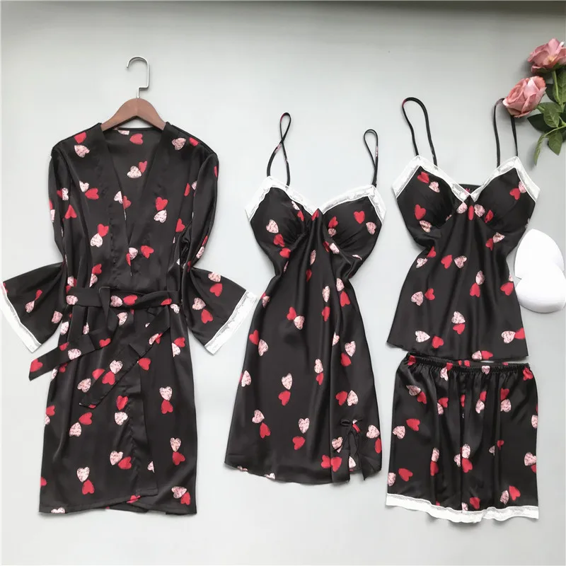 

Women's pyjamas 4 PCS robe sets Women Sexy Sleepwear women's Lace Night Gown Female Robe Ladies Night Dress Silky pijamas mujer
