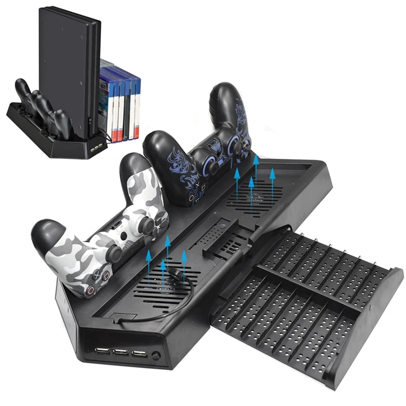 For Ps4 Pro Slim Vertical Stand Cooling Fan Cooler with Dual Controller Charging Station & 3 Extra Hub Port for Playstation 4 Ps |