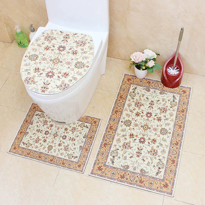 

3Pcs/Set European-style Anti-slip Bath Toilet Mats Set Absorbent Bathroom Carpet Pedestal Rug Toilet Lid Cover