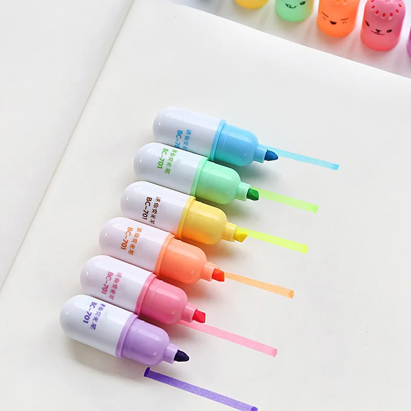 6pcs Cute Mini Smiling Face Pill Highlighter Lovely Cartoon Painting Pen Marking Pens Kawaii Stationery School Office Supplies|Маркеры| |