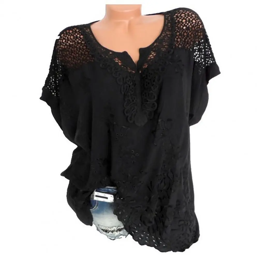 

Casual Short Sleeve V Neck Women T-shirt Soft Lace Crochet Hollow Summer Blouse Pullover Top