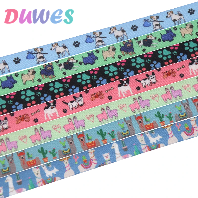 

DUWES 5/8'' 50yards Alpaca dog printed Fold Elastic FOE stretch ribbon hairbow headwear headband DIY OEM D1187