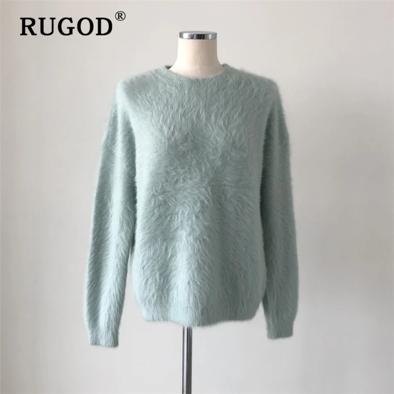 RUGOD кашемировый вязаный женский свитер элегантный круглый вырез длинный рукав