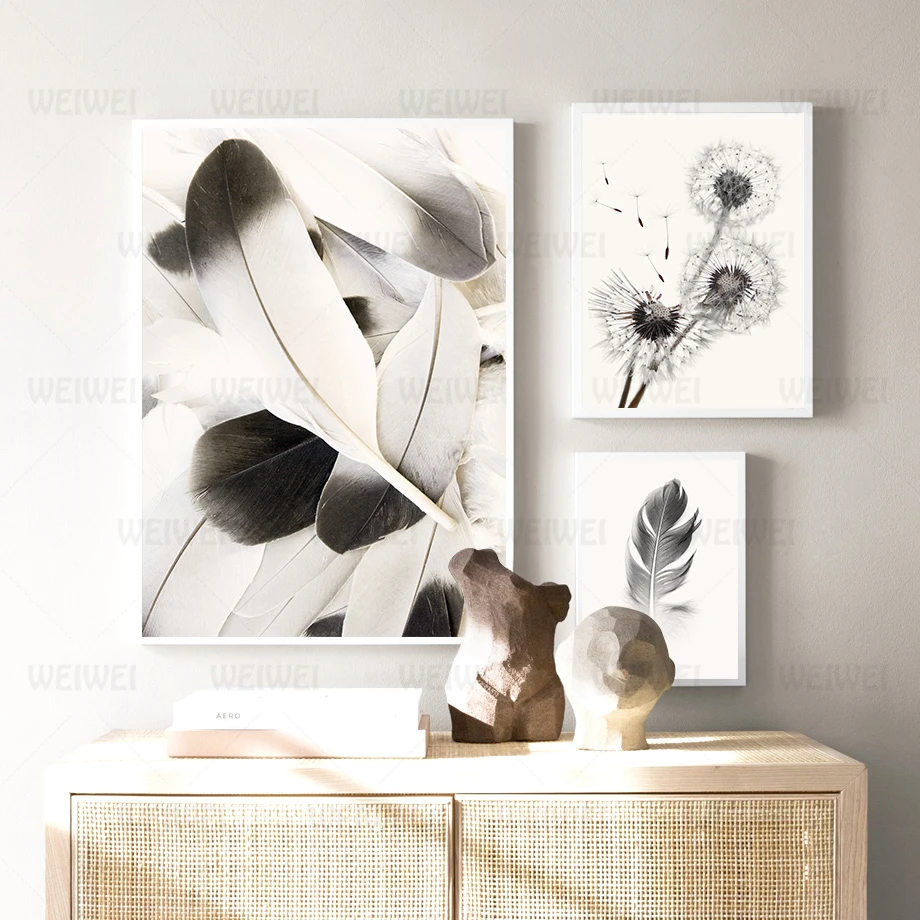 Картина на холсте с белыми розами перьями и одуванчиками Раскрашивание в