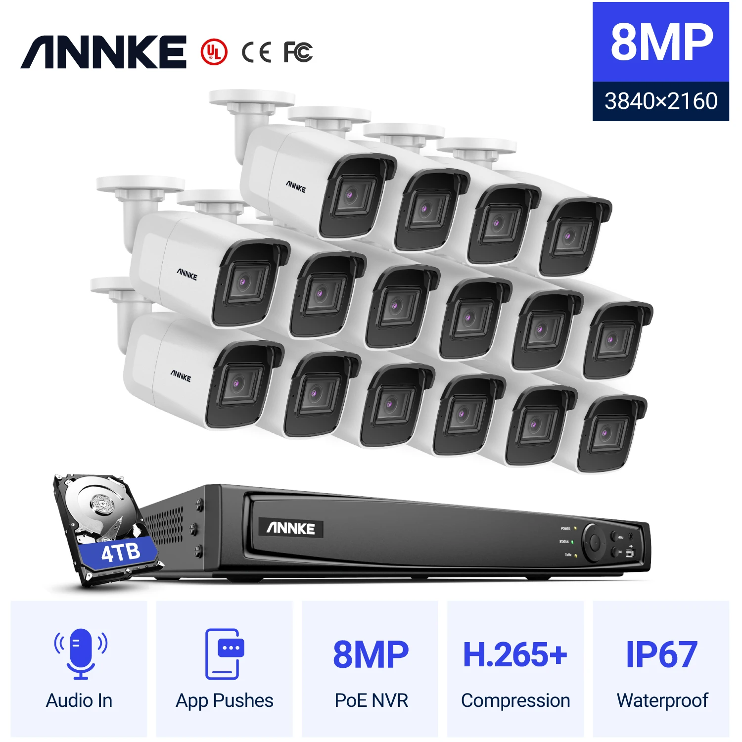 ANNKE 16CH 4K Ultra HD POE сетевая видео система безопасности 8MP H.265 + NVR с 16 шт 30m EXIR ночного