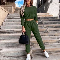 casual solid two piece sets women fleece long sleeve pullover sweatshirts and long pant jogging suits female sport tracksuits