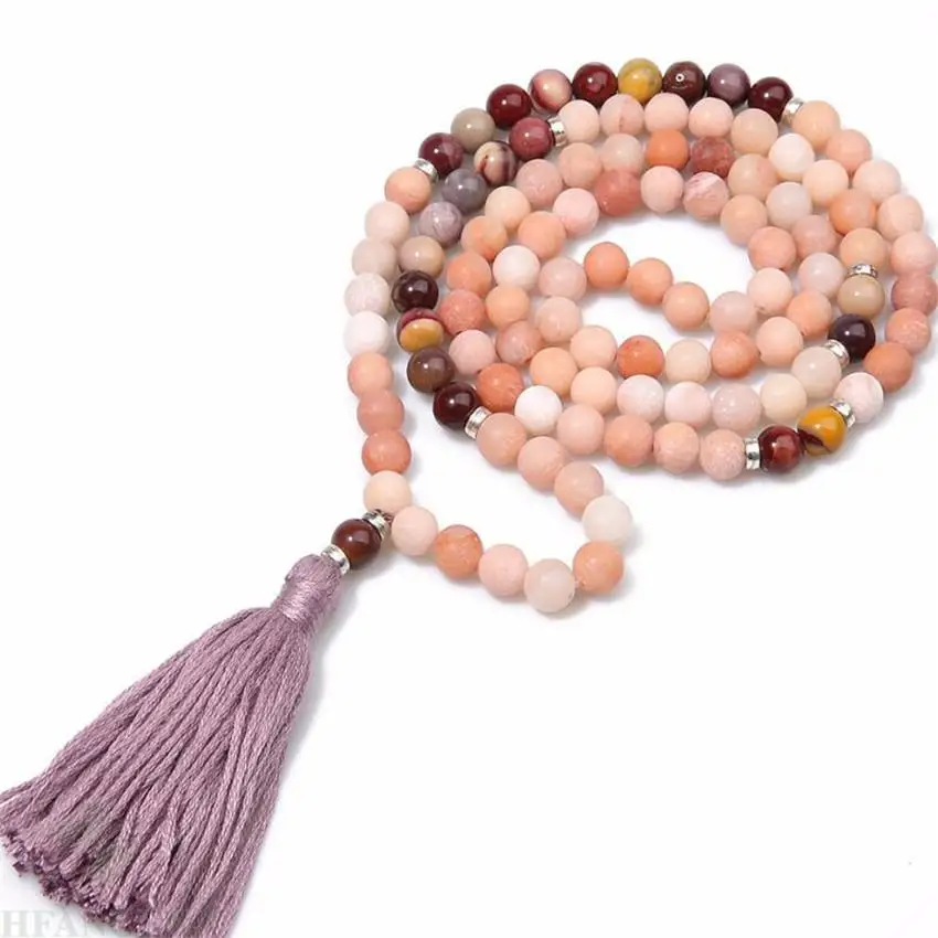 

8mm Pink Jade Gemstone 108 Beads Tassels Mala Necklace MONK DIY natural Meditation pray energy Unisex spirituality Chakas Ruyi