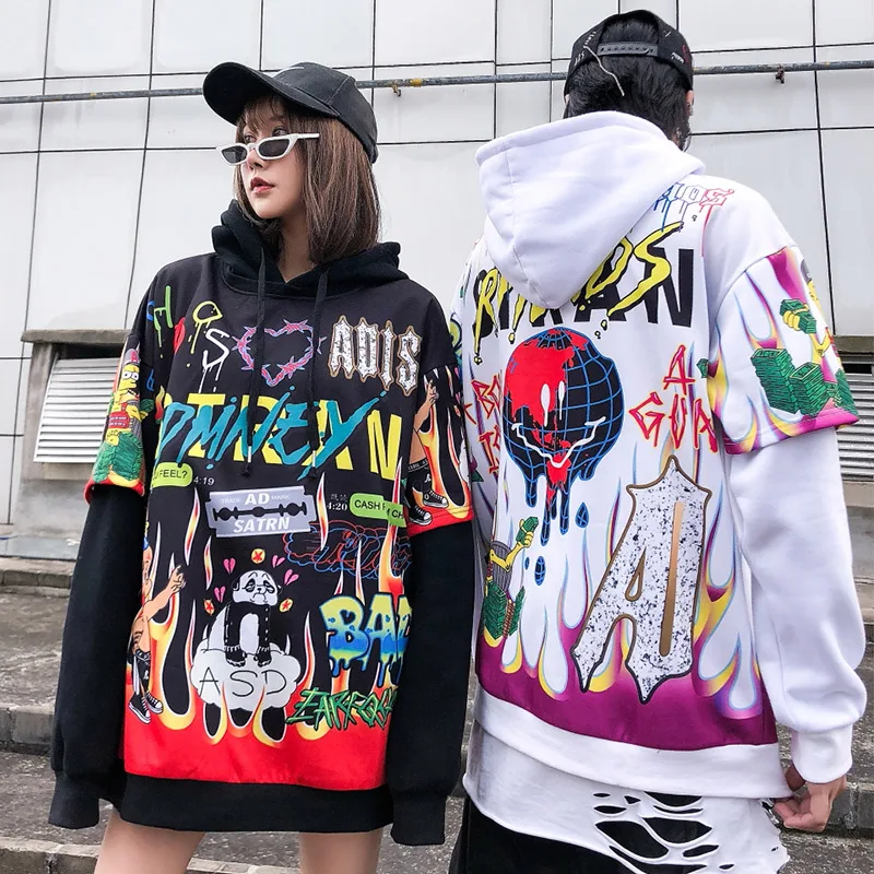 Aolamegs Hoodies Men Hip Hop Letter Print Men Pullover Cartoon Oversize Style Hooded Sweatshirt Lover High Street Streetwear