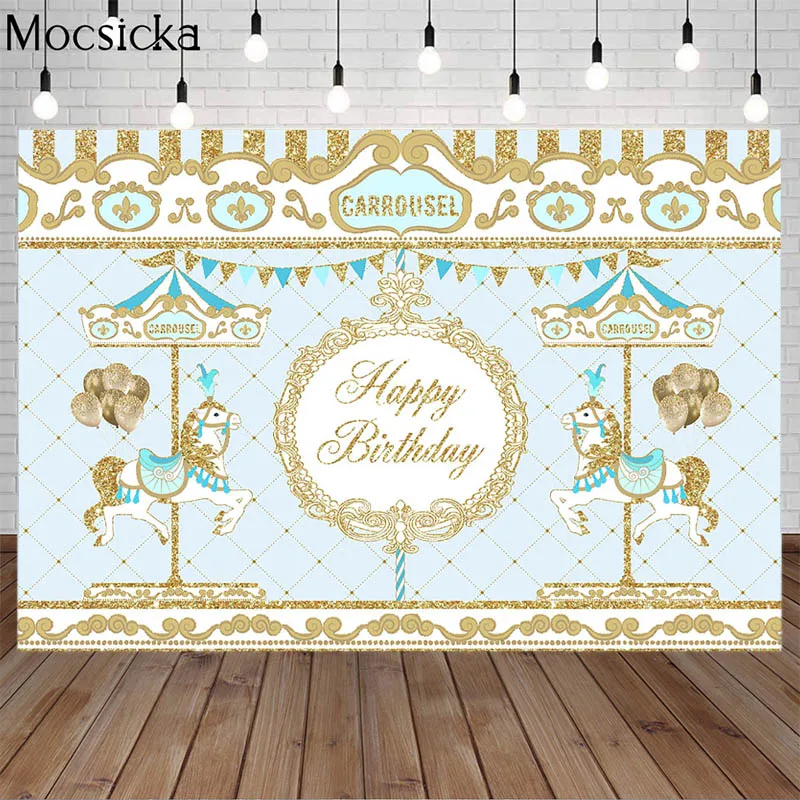 

Mocsicka карусель для девочек день рождения фон для фотостудии воздушный шар баннер Золотой блестящий синий ребенок фотография фон
