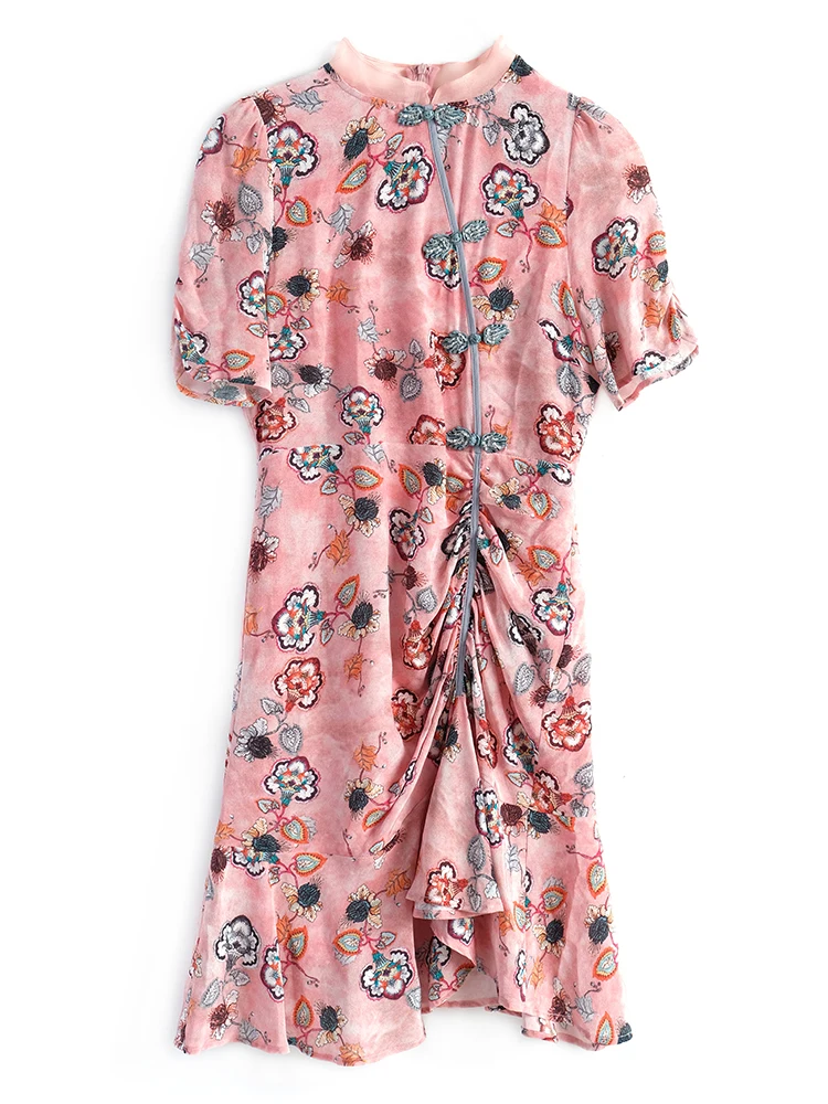 

Chinese style collar buckle printed waist fold irregular dress female 2020 summer new Sheath Office Lady
