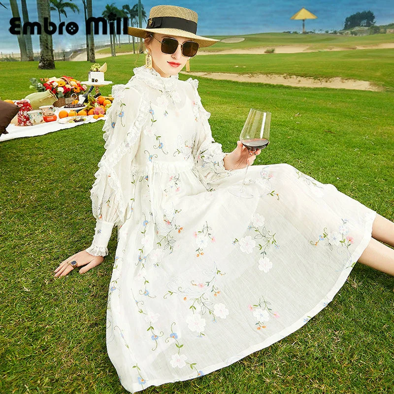 

Spring New High Quality Ramie Embroidery Spliced Lace Lady Street Style Stand Collar Long Sleeve Loose Dream Princess Dress S-XL