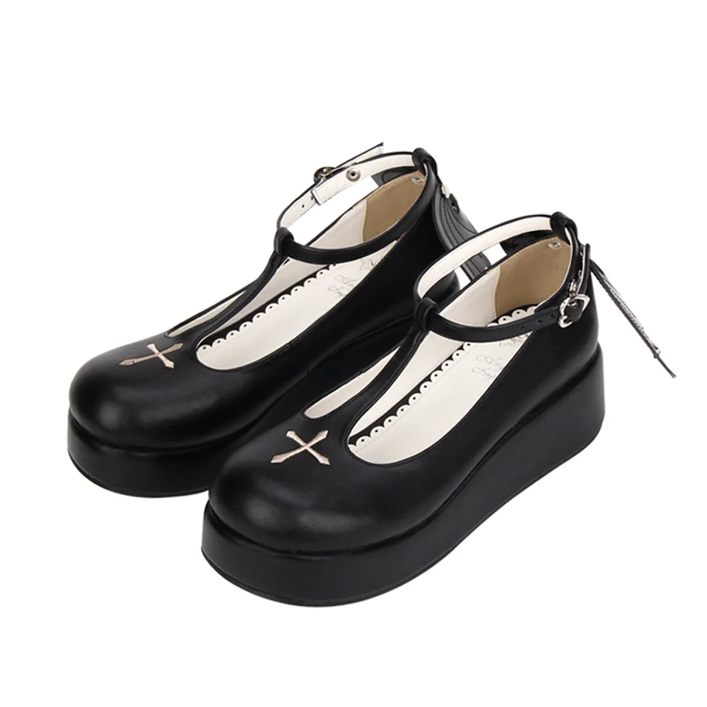 

Hot Sale Womens Lolita Round Toe Gothic Cross Embroidery Punk Pumps Platform Bat Wings Shoes Creepers Japanese Harajuku Cosplay