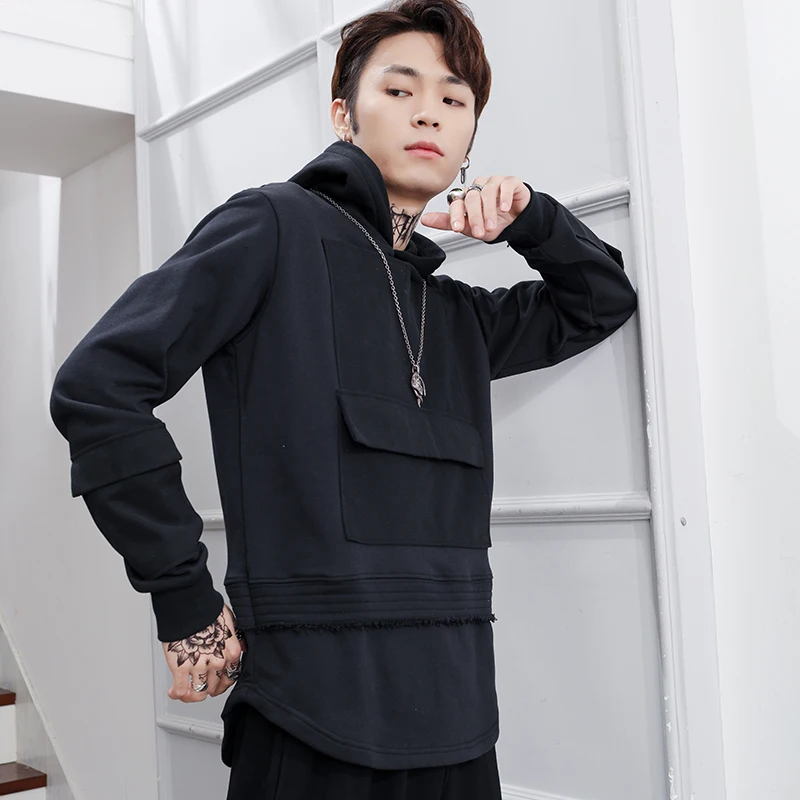 

Men Hoodies Sweatshirts Yamamoto Wind Loose Hooded Sweater Japanese Fake Two Pieces Of Wild Solid Color Pullover Jacket