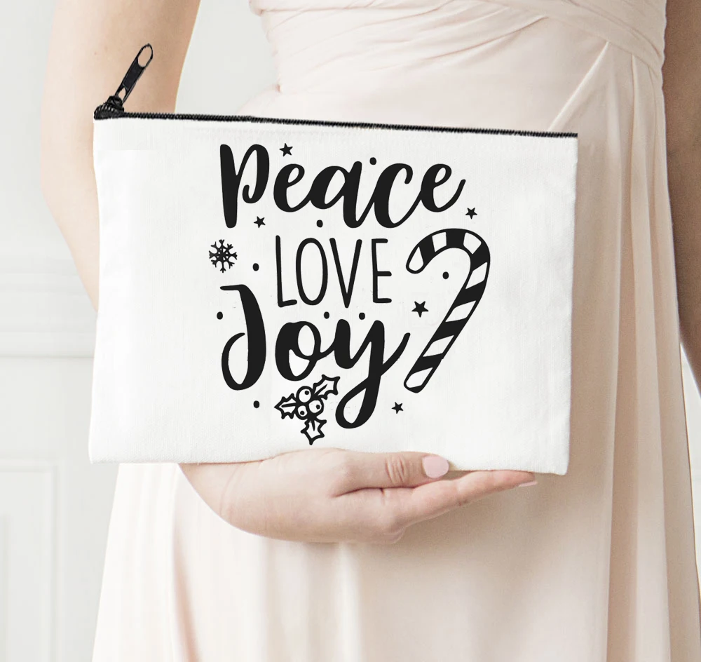 

Peace Love Joy Makeup Bags Canvas Christmas Gifts Cosmetic Bag Anime Pencil Pouch Zipper Fashion Makeup Purse Travel Size M