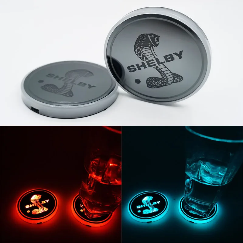 

2pcs/set For Ford Mustang Shelby GT500 Super Snake Cobra Car Led Shiny Water Cup Mat Luminous Coaster Atmosphere Light