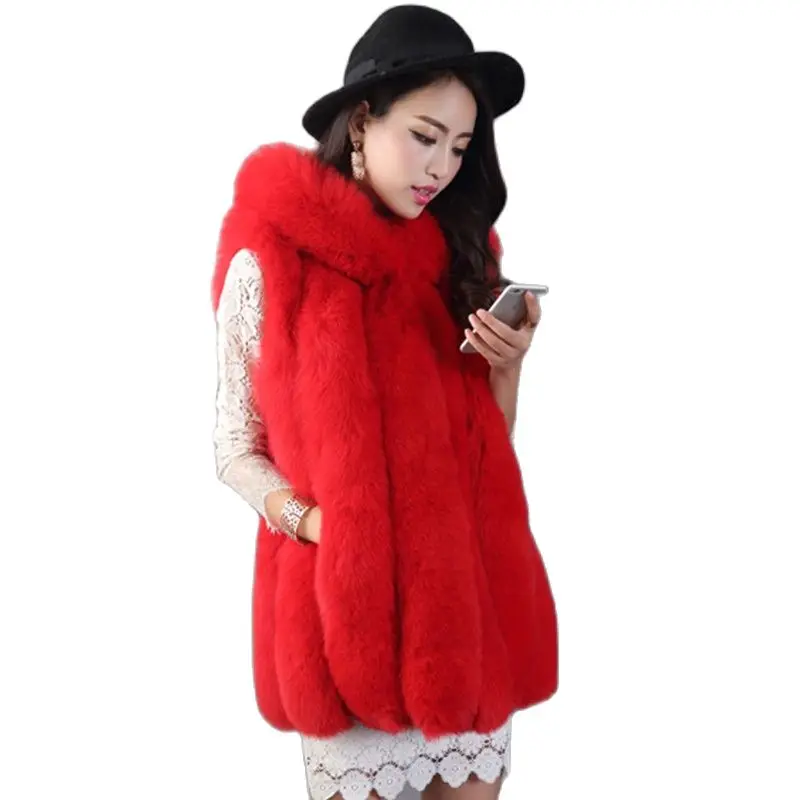 2021 модная зимняя одежда жилет из искусственного лисьего меха с капюшоном женское