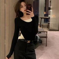 leftovers color matching fake two piece knitted t shirt spring autumn 2021 new bottomed sexy t shirt design women tshirt vogue