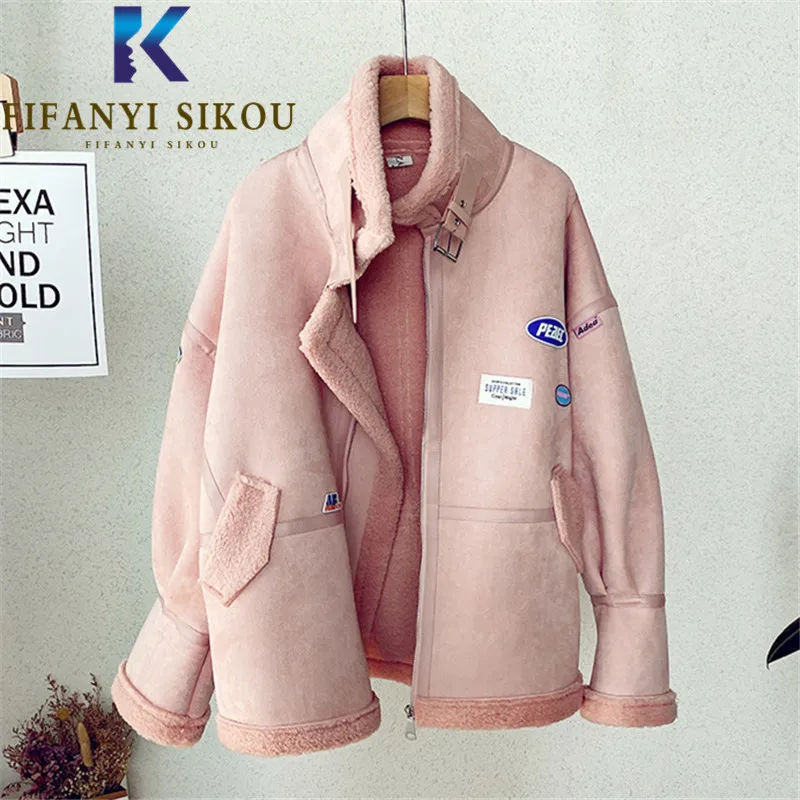 Pink Suede Jacket Women Autumn Winter Coat Thick Warm Lambswool Fashion Faux Leather Jacket Female Zipper Loose Motorcycle Coats